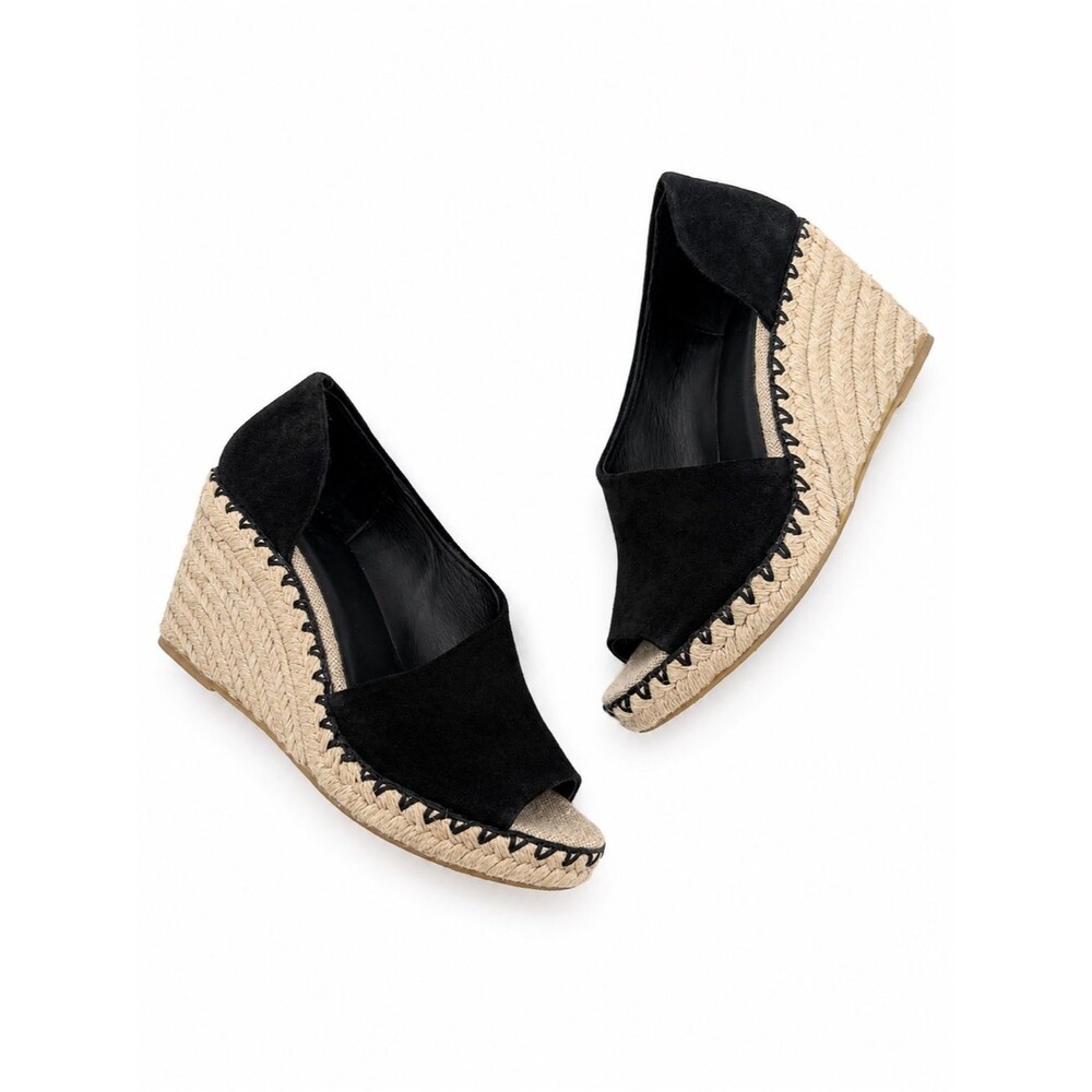 Vince Black Espadrille Wedges Suede Peep Toe Size 7.5M Designer Sonora Cutout
